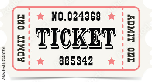 Vintage movie ticket stub vector, retro admit-one cinema pass with red stars, and classic theater entry ticket for entertainment events and shows. EPS 10.