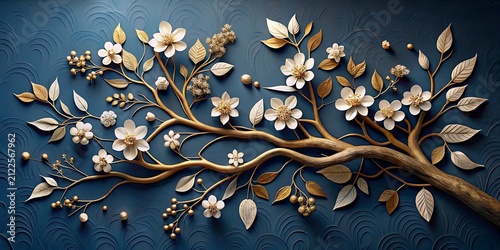 Elegant floral branch with white blossoms and gold accents. Decorative botanical design for luxury and beauty themes.