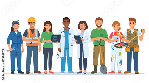Diverse group of professional workers standing together with tools in flat vector illustration