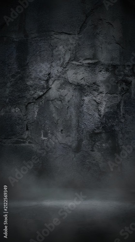 Moody dark stone wall background with floor lighting and smoke effects.