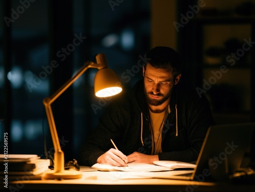 Focused man work at night desk, concentrated study by lamplight