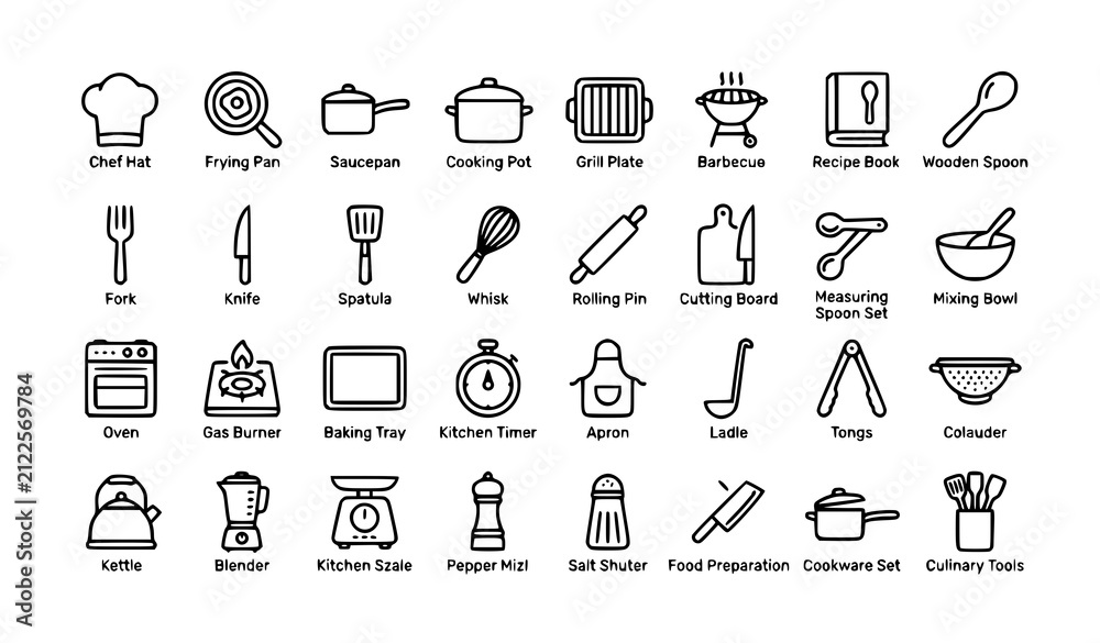 Fototapeta premium Cooking and Kitchen Vector Icons with Chef Pan Pot Recipe Grill Culinary Tools and Editable Stroke Outline Collection