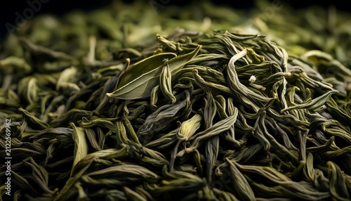 close up of dried green sencha tea leaves as a deep moody pile of dark slender foliage with subtle green highlights