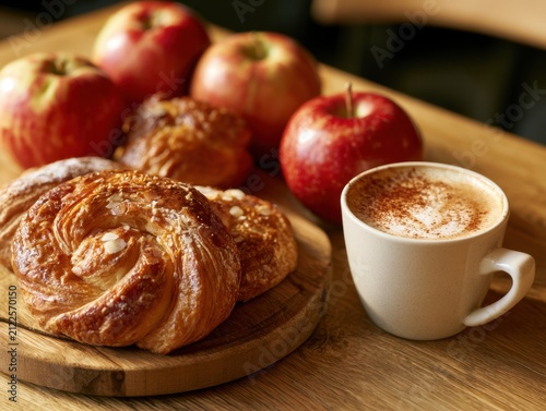 Fresh Baked Pastries, Red Apples, and Warm Coffee on a Wooden Table