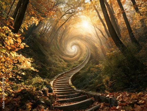 Enchanted Forest Path Swirling Towards Bright Light on Autumn Day
