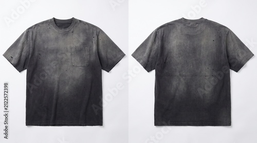 Front and back view of a blank dark grey acid wash tshirt.