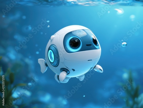 Cute White Robotic Character Swim Under Blue Water with Bubbles and Plants
