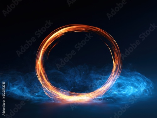 Abstract Fiery Ring with Blue Smoke Effect on Dark Background