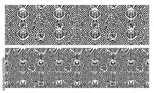 Fotografie Egyptian scarab beetle and eye of horus seamless pattern in intricate labyrinth