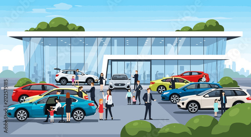 Car Dealership Selection with Customers Inspecting Vehicles Outdoors