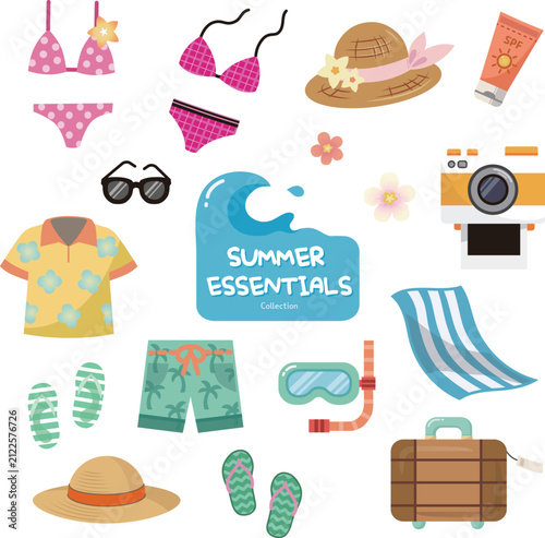 Summer vacation essentials clipart collection with swimsuit, beach bag, hat, camera and slippers vector