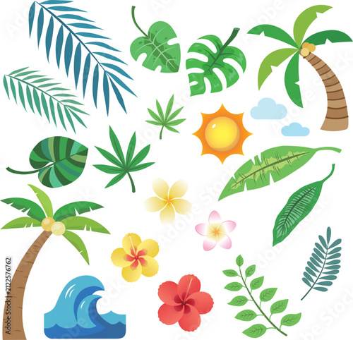 Tropical summer nature clipart set with palm leaves, hibiscus flowers, ocean waves and sun vector