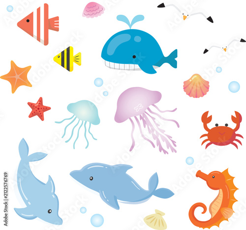 Cute sea life clipart collection with whale, jellyfish, crab, seashell, starfish and seagull vector