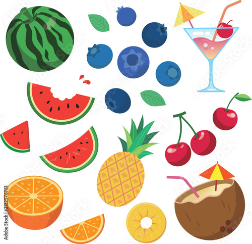 Tropical summer drinks and fruits clipart set with cocktail, coconut juice, watermelon and pineapple vector