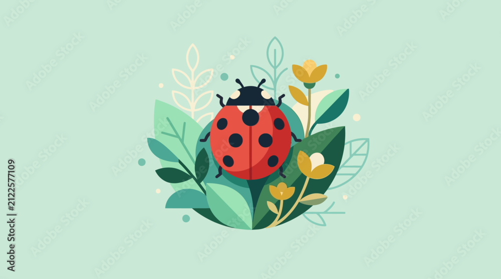 Fototapeta premium Charming illustration of a vibrant ladybug perched on lush green foliage with delicate yellow flowers in a minimalistic natural