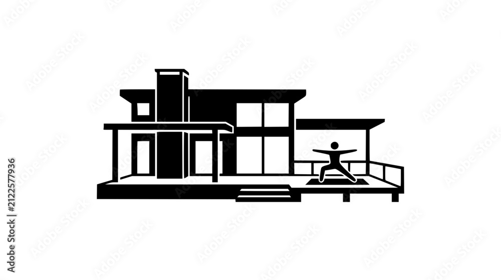 Fototapeta premium Minimalist modern house icon with a person doing yoga on the deck