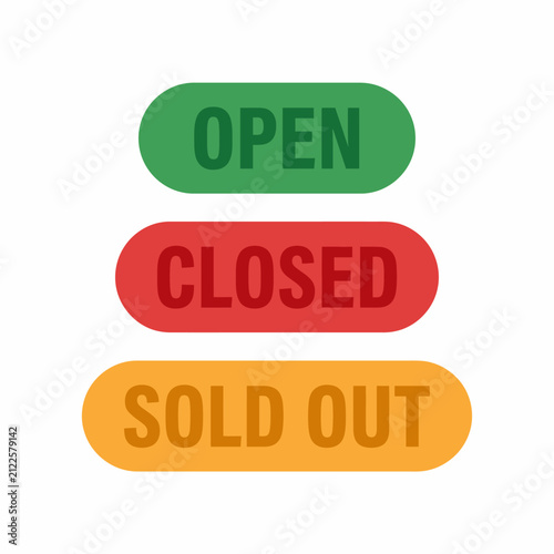 Colorful business status labels for open closed and sold out signs