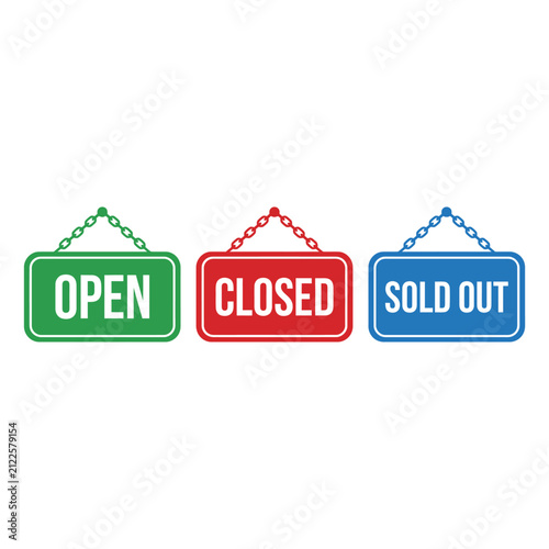 Set of colorful store signs for open closed and sold out status