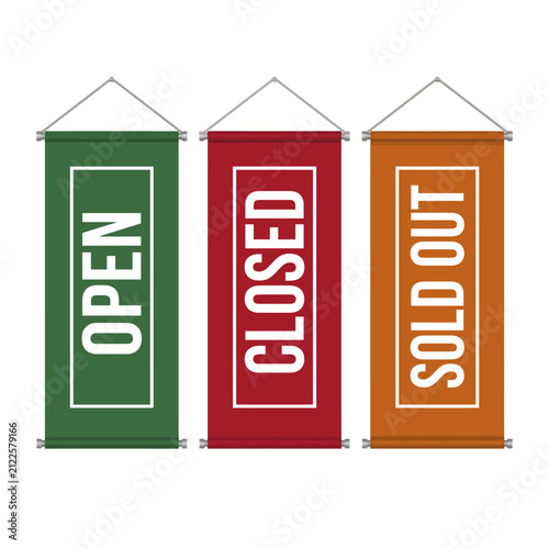 Open closed and sold out vertical hanging banners set