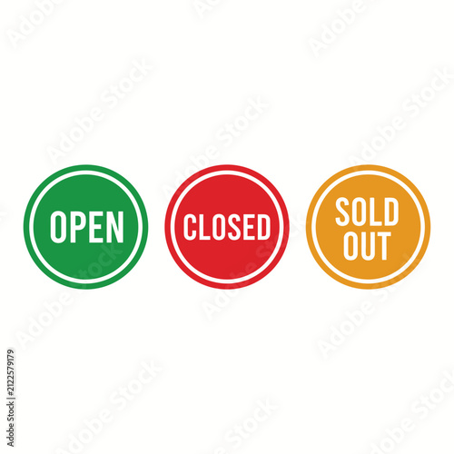 Round store status icons for open closed and sold out