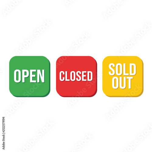 Open closed and sold out business status sign icons