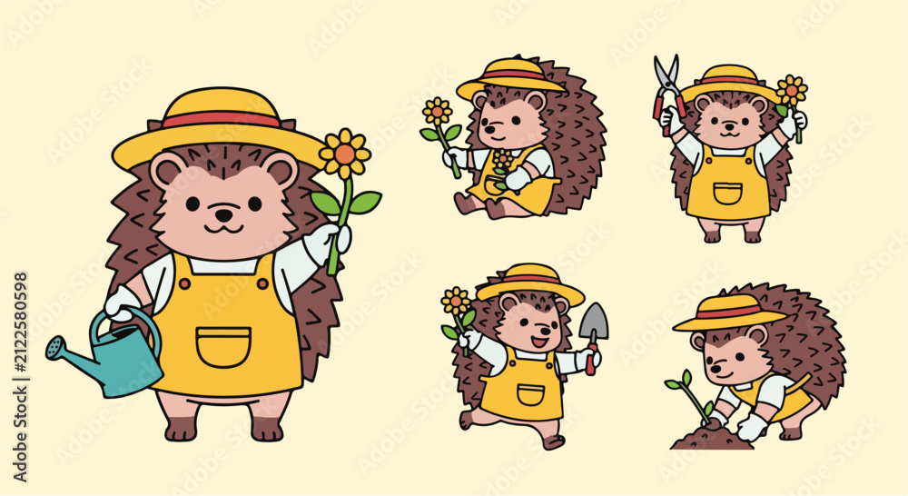 Fototapeta premium Cute cartoon hedgehog gardener set with watering can and flowers.