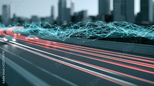 Futuristic smart city highway with digital network data, high speed traffic light trails on urban road, 5G technology infrastructure