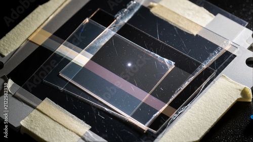 Macro close-up of overlapping polarizing film and optical glass with laser reference dot and interference patterns in laboratory setting
