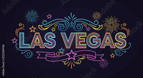 Neon Las Vegas Sign with Fireworks and Stars - Entertainment and Celebration