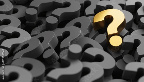 A single golden question mark standing out amidst a dense pile of many dark grey symbols