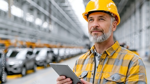 Factory worker holds tablet, wears hard hat.