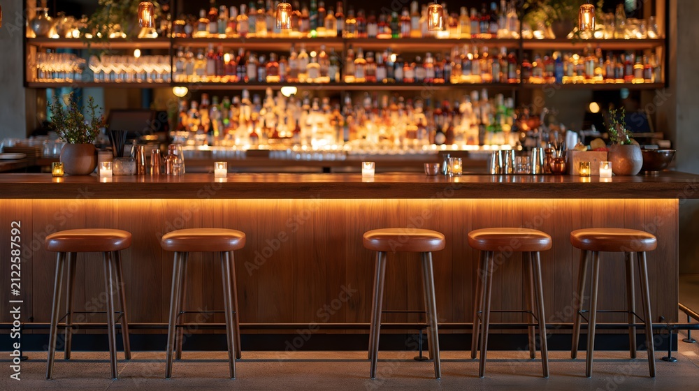 Fototapeta premium Warm glow illuminates wood bar and stools.