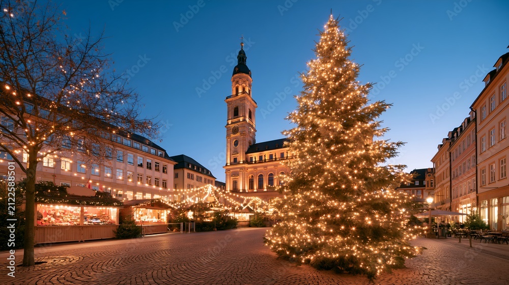Fototapeta premium Christmas tree glows warmly in town square.