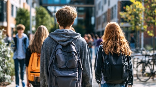 Rear view of diverse students with backpacks walking along a campus path, on a sunny day, heading to class or after school activities, conveying education, youth, and journey