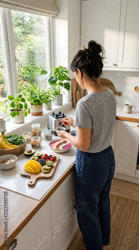 Healthy morning routine 9:16, person from behind preparing smoothie bowl, colorful fruits and vegetables, morning sunlight, kitchen plants