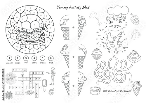 Yummy activity mat for kids with coloring, maze, dot to dot and crossword puzzle. Vector illustration.