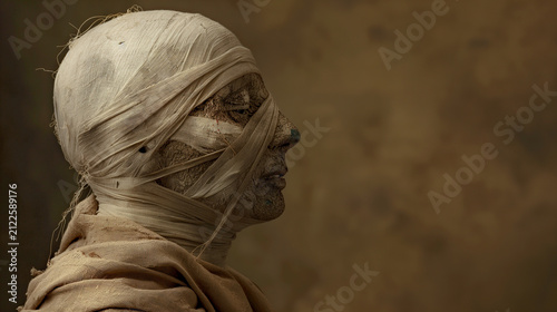 EGYPTIAN MUMMY PROFILE WITH HEAD BANDAGES ON SANDY BACKGROUND	
