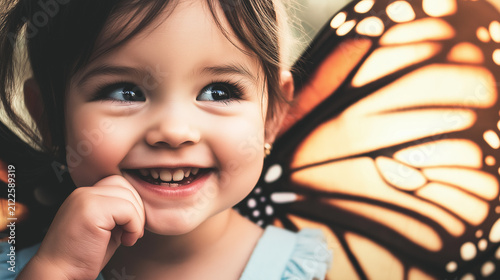CLOSE UP PORTRAIT OF A CUTE HAPPY LITTLE GIRL WEARING BUTTERFLY WINGS