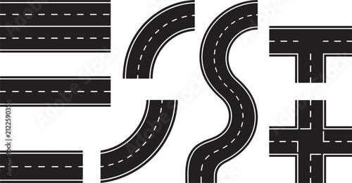 Set of asphalt road segments with curves intersections and straight lanes for map design vector illustration