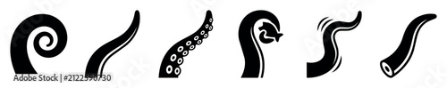 Set of isolated black vector illustrations of various tentacles and arms including spiral, curved, suction cup, and stylized octopus tentacle shapes for design and decoration