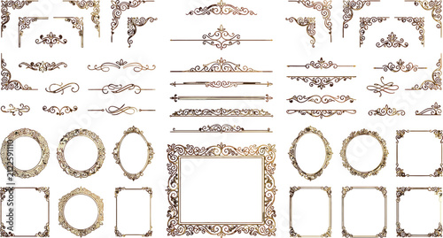 Set of ornate golden vintage frames and decorative flourishes for elegant wedding invitations and luxury stationery design