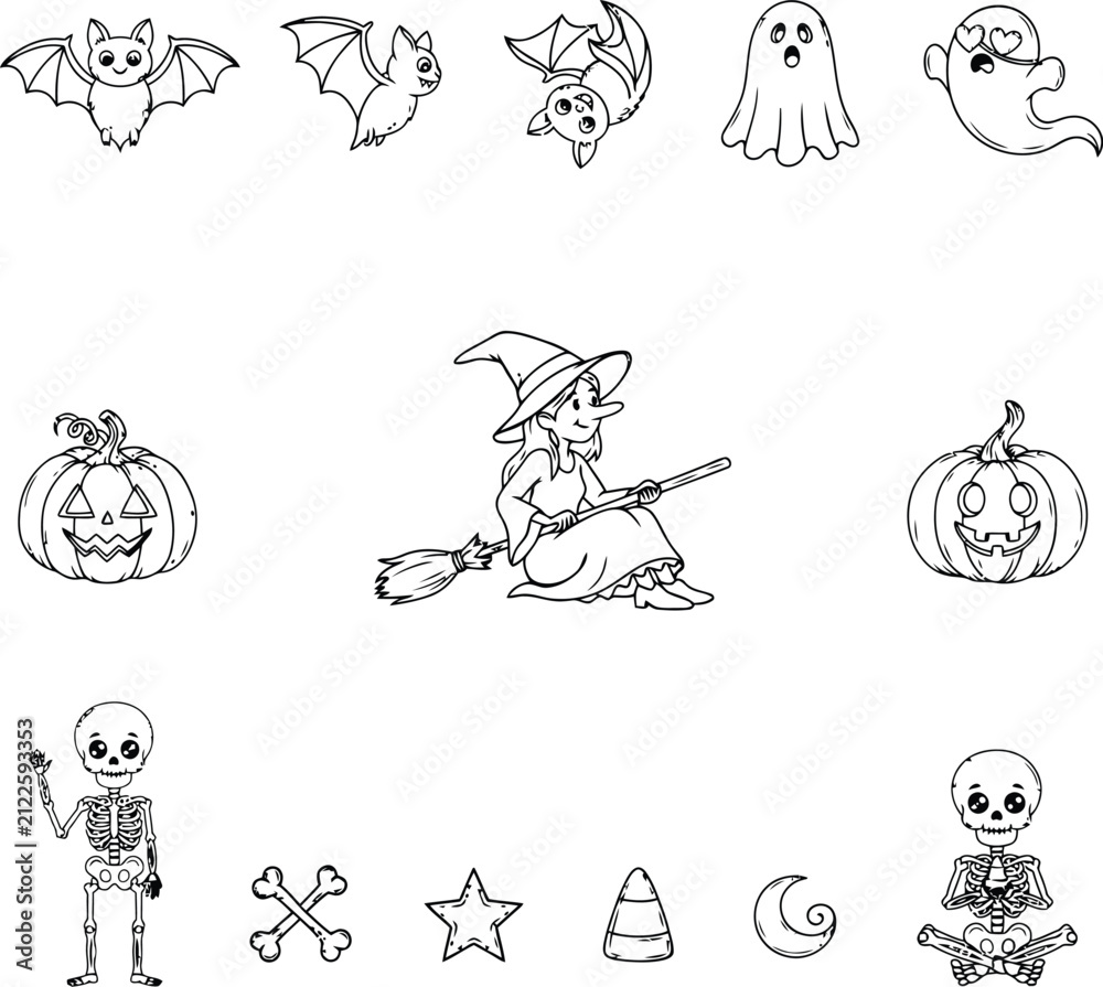 Obraz premium Kawaii Halloween line art collection with spooky ghosts bats witch pumpkin lanterns and skeletons isolate