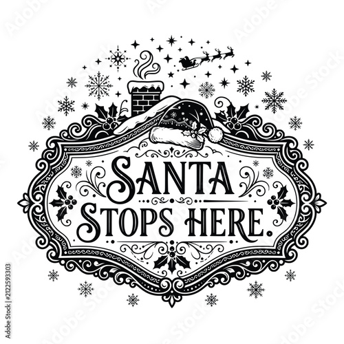 Santa stops here festive sign with chimney roof and flying sleigh silhouette in starry night sky vector for christmas decor.