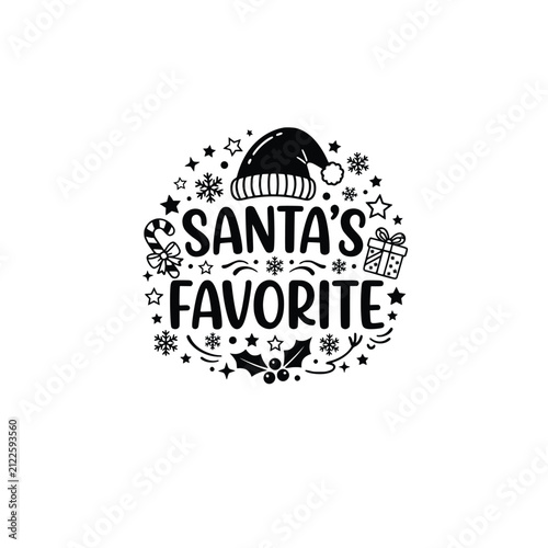 Santa's favorite cute lettering with christmas decorations candy cane gift bow holly berries and snowflakes for holiday design.