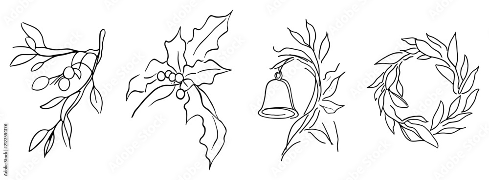 Fototapeta premium Christmas floral design elements with wreath bell and holly in line art style
