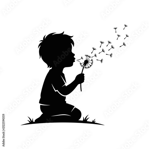 Silhouette of a child blowing dandelion seeds into the air.