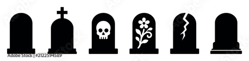 Gravestone and tombstone vector icons set with cross, skull, flower, crack and design variations for Halloween, cemetery, memorial and death concept illustrations