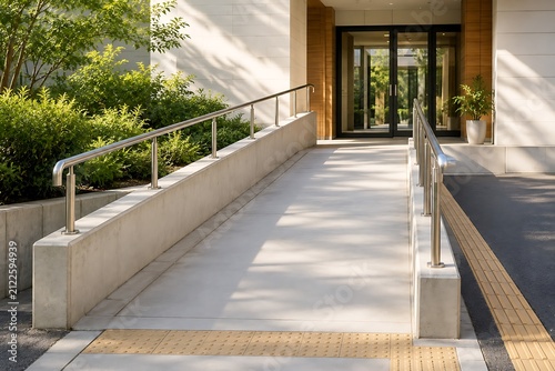 Modern wheelchair ramp leading to building entrance. Accessible pathway for disability inclusion and universal design compliance.
