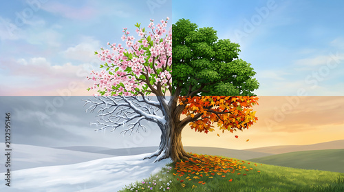 Single majestic tree divided naturally into four seasons, spring blossoms, lush summer leaves, colorful autumn foliage and snowy winter branches, 