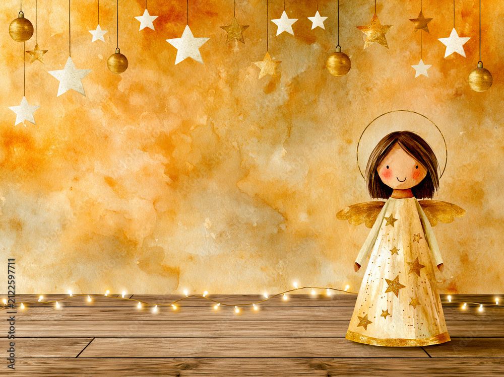 Obraz premium Cute Christmas Angel Watercolor Background – AI Generative